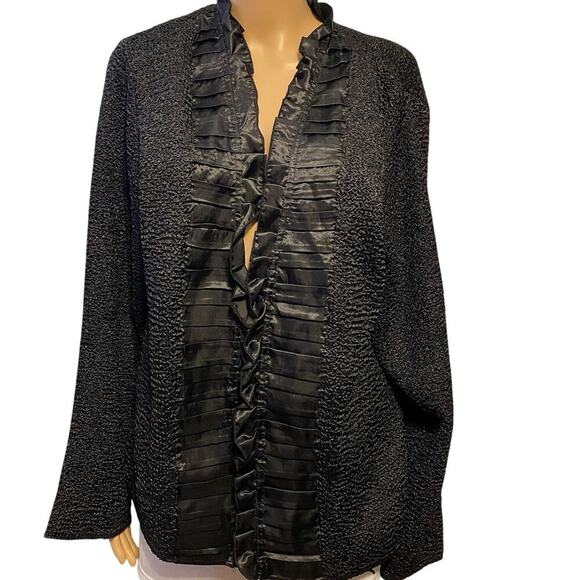 AVENUE Cardigan Jacket Women 14/16 Black Crinkle Satin Ruffles Whimsigoth Grunge - Picture 1 of 7